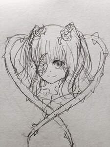 Rating: Safe Score: 0 Tags: 1girl eyepatch hair_ornament image kirakishou long_hair looking_at_viewer monochrome sketch smile solo traditional_media twintails User: admin