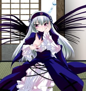 Rating: Questionable Score: 3 Tags: 1girl artist_request blush breasts dress flower frills gothic_lolita hairband image lolita_fashion long_hair long_sleeves looking_at_viewer pink_eyes purple_eyes rozen_maiden silver_hair sitting solo suigintou sweat tatami white_hair wings User: admin