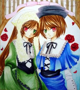 Rating: Safe Score: 0 Tags: 2girls blue_dress brown_hair dress flower frills green_dress green_eyes hat head_scarf heterochromia image long_hair long_sleeves looking_at_viewer multiple_girls pair petals red_eyes red_flower rose rose_petals short_hair siblings sisters souseiseki suiseiseki traditional_media twins very_long_hair User: admin