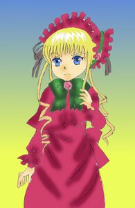 Rating: Safe Score: 0 Tags: 1girl blonde_hair blue_eyes bonnet bow bowtie capelet cowboy_shot dress flower gradient_background green_bow image long_hair long_sleeves looking_at_viewer pink_rose red_dress rose shinku sidelocks simple_background solo standing User: admin