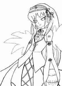 Rating: Safe Score: 0 Tags: 1girl bare_shoulders cowboy_shot detached_sleeves dress frilled_hairband frills greyscale hairband image lineart lolita_hairband long_hair long_sleeves looking_at_viewer monochrome simple_background solo standing suigintou white_background wings User: admin