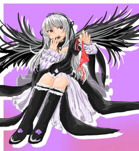 Rating: Safe Score: 0 Tags: 1girl black_wings detached_collar dress flower frills full_body hairband image long_hair long_sleeves looking_at_viewer pink_eyes rose silver_hair sitting solo suigintou thighhighs very_long_hair wings User: admin