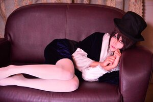 Rating: Safe Score: 0 Tags: 1girl breasts brown_hair cleavage couch hat large_breasts pantyhose short_hair sitting solo souseiseki striped User: admin