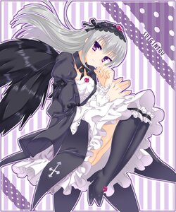 Rating: Safe Score: 0 Tags: 1girl black_legwear black_wings boots dress frills hairband high_heel_boots high_heels image juliet_sleeves lolita_hairband long_hair long_sleeves looking_at_viewer outline polka_dot_background puffy_sleeves silver_hair solo striped striped_background suigintou thighhighs vertical_stripes wings User: admin