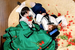 Rating: Safe Score: 0 Tags: black_hair brown_hair closed_eyes dress flower green_dress hat lying multiple_boys multiple_cosplay petals red_flower red_rose rose tagme User: admin