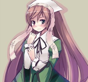 Rating: Safe Score: 0 Tags: 1girl auto_tagged black_ribbon blush brown_hair commentary_request dress frills green_dress green_eyes hairband hat head_scarf heterochromia image juliet_sleeves long_hair long_sleeves looking_at_viewer photoshop_(medium) puffy_sleeves ribbon rozen_maiden seo_tatsuya simple_background solo suiseiseki very_long_hair User: admin