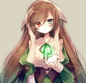 Rating: Safe Score: 0 Tags: 1girl bangs brown_hair dress green_dress heterochromia image long_hair long_sleeves looking_at_viewer red_eyes simple_background solo suiseiseki upper_body very_long_hair User: admin