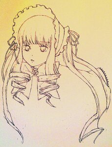 Rating: Safe Score: 0 Tags: 1girl bangs cup drill_hair eyebrows_visible_through_hair hair_ribbon hairband image lolita_hairband long_hair looking_at_viewer monochrome parted_lips ribbon shinku simple_background solo traditional_media twin_drills twintails upper_body User: admin