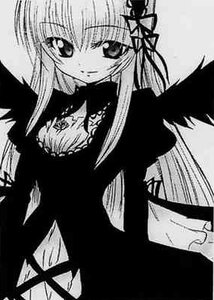 Rating: Safe Score: 0 Tags: 1girl dress greyscale image long_hair long_sleeves looking_at_viewer monochrome simple_background smile solo suigintou upper_body white_background wings User: admin