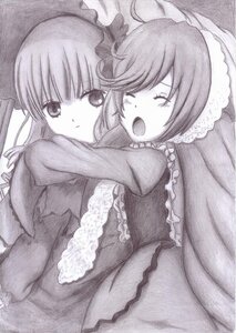 Rating: Safe Score: 0 Tags: 2girls closed_eyes dress frills greyscale hat hug image long_hair long_sleeves monochrome multiple_girls open_mouth pair shinku short_hair suiseiseki traditional_media User: admin