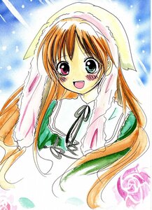 Rating: Safe Score: 0 Tags: 1girl :d blush brown_hair dress green_eyes head_scarf heterochromia image long_hair long_sleeves looking_at_viewer neck_ribbon open_mouth red_eyes ribbon smile solo suiseiseki traditional_media upper_body User: admin