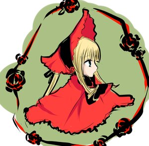 Rating: Safe Score: 0 Tags: 1girl blonde_hair blue_eyes bonnet bow capelet dress flower image long_hair long_sleeves looking_afar profile red_dress rose shinku simple_background solo twintails User: admin