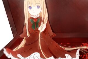 Rating: Safe Score: 0 Tags: 1girl blonde_hair blue_eyes bow bowtie dress flower green_bow image long_hair long_sleeves looking_at_viewer red_dress rose shinku sitting solo very_long_hair User: admin