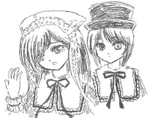 Rating: Safe Score: 0 Tags: 2girls frills greyscale hair_over_one_eye hat image looking_at_viewer monochrome multiple_girls neck_ribbon pair ribbon short_hair siblings sisters souseiseki suiseiseki traditional_media twins User: admin