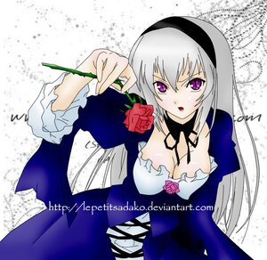 Rating: Safe Score: 0 Tags: 1girl breasts cleavage dress flower frills hairband image lolita_fashion long_hair long_sleeves purple_eyes rose silver_hair solo suigintou User: admin