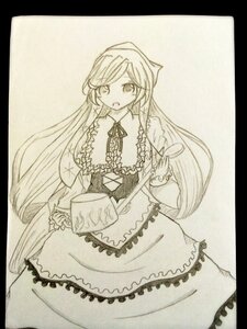 Rating: Safe Score: 0 Tags: 1girl black_border border cup dress frills image letterboxed long_hair long_sleeves looking_at_viewer monochrome open_mouth pillarboxed solo suiseiseki traditional_media very_long_hair User: admin