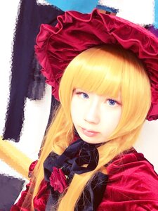 Rating: Safe Score: 0 Tags: 1girl bangs blonde_hair blue_eyes bonnet bow flower lips long_hair looking_at_viewer photo red_flower red_rose rose shinku solo User: admin