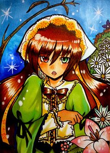 Rating: Safe Score: 0 Tags: 1girl bow brown_hair dress flower green_dress green_eyes hat heterochromia image long_hair long_sleeves looking_at_viewer open_mouth red_eyes solo suiseiseki User: admin