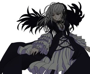 Rating: Safe Score: 0 Tags: 1girl black_wings dress flower frilled_sleeves frills hairband image long_hair long_sleeves monochrome red_eyes ribbon rose simple_background solo suigintou white_background wings User: admin