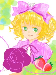 Rating: Safe Score: 0 Tags: 1girl apple blonde_hair bow food fruit green_eyes hair_bow hina_ichigo hinaichigo image pink_bow rose short_hair smile solo strawberry striped User: admin