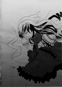 Rating: Safe Score: 0 Tags: 1girl capelet dress frills greyscale image long_hair long_sleeves lying monochrome profile solo suiseiseki User: admin