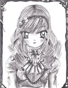 Rating: Safe Score: 0 Tags: 1girl auto_tagged blush border bow flower frills graphite_(medium) greyscale hair_ornament hairband image long_sleeves looking_at_viewer monochrome ribbon shikishi simple_background solo suigintou traditional_media User: admin