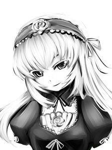 Rating: Safe Score: 0 Tags: 1girl closed_mouth dress flower greyscale hairband image juliet_sleeves lolita_hairband long_hair long_sleeves looking_at_viewer monochrome puffy_sleeves ribbon rose simple_background smile solo suigintou upper_body white_background User: admin