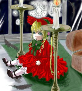 Rating: Safe Score: 0 Tags: 1girl blonde_hair bloomers blue_eyes bonnet bow bowtie cup dress image long_hair long_sleeves red_dress shinku shoes sitting solo twintails underwear white_legwear User: admin