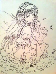 Rating: Safe Score: 0 Tags: 1girl bug butterfly dress flower hairband image insect long_hair long_sleeves looking_at_viewer monochrome solo suigintou traditional_media User: admin