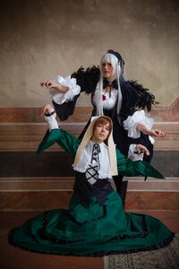Rating: Safe Score: 0 Tags: 2girls dress fine_art_parody frills green_dress long_hair long_sleeves multiple_cosplay multiple_girls outstretched_arm realistic silver_hair sitting suigintou tagme User: admin