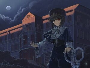 Rating: Safe Score: 0 Tags: 1girl building city clock_tower full_moon graveyard hat heterochromia image long_sleeves moon night night_sky outdoors red_eyes short_hair sky solo souseiseki tower User: admin