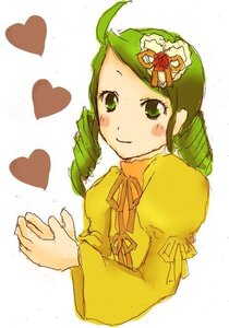 Rating: Safe Score: 0 Tags: 1girl ahoge blush dress drill_hair green_eyes green_hair hair_ornament heart image kanaria looking_at_viewer puffy_sleeves ribbon smile solo twin_drills upper_body white_background yellow_dress User: admin