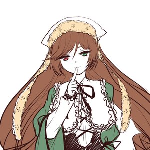 Rating: Safe Score: 0 Tags: 1girl brown_hair dress finger_to_mouth frills green_dress green_eyes head_scarf heterochromia image long_hair long_sleeves looking_at_viewer red_eyes simple_background smile solo suiseiseki upper_body very_long_hair white_background User: admin