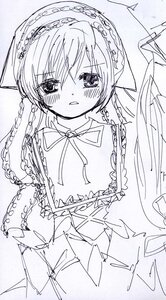 Rating: Safe Score: 0 Tags: 1girl bangs blush dress eyebrows_visible_through_hair frills greyscale hair_between_eyes image long_hair long_sleeves looking_at_viewer monochrome parted_lips ribbon solo suiseiseki upper_body white_background User: admin