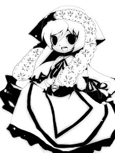 Rating: Safe Score: 0 Tags: 1girl :d apron dress frills greyscale image long_sleeves looking_at_viewer monochrome open_mouth ribbon simple_background smile solo suiseiseki white_background User: admin