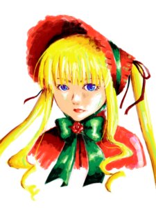 Rating: Safe Score: 0 Tags: 1girl bangs blonde_hair blue_eyes bonnet bow bowtie face flower green_bow green_neckwear image long_hair looking_at_viewer portrait ribbon rose shinku simple_background solo twintails white_background User: admin