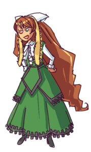 Rating: Safe Score: 0 Tags: 1girl brown_hair dress frills full_body green_dress green_eyes image long_hair long_sleeves looking_at_viewer one_eye_closed smile solo standing suiseiseki very_long_hair User: admin