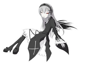Rating: Safe Score: 0 Tags: 1girl boots dress frills full_body hairband high_heel_boots image juliet_sleeves long_hair long_sleeves looking_at_viewer monochrome puffy_sleeves red_eyes simple_background sitting solo striped suigintou white_background wings User: admin