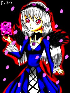 Rating: Safe Score: 0 Tags: 1girl black_background black_wings dress flower frills hairband image juliet_sleeves long_hair long_sleeves looking_at_viewer petals red_eyes rose rose_petals solo suigintou wings User: admin