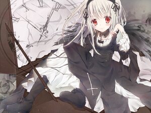 Rating: Safe Score: 0 Tags: 1girl black_dress black_flower black_footwear black_rose blush boots dress flower frills hairband image lolita_fashion long_hair long_sleeves looking_at_viewer red_eyes ribbon rose sitting smile solo suigintou white_hair white_rose wings User: admin