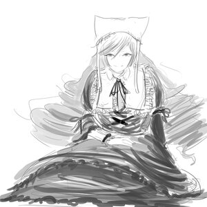 Rating: Safe Score: 0 Tags: 1girl dress frills greyscale image long_hair long_sleeves looking_at_viewer monochrome ribbon sketch smile solo suiseiseki very_long_hair white_background User: admin