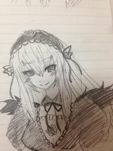 Rating: Safe Score: 0 Tags: 1girl blush closed_mouth dress eyebrows_visible_through_hair flower frills greyscale hairband image long_hair long_sleeves looking_at_viewer monochrome ribbon smile solo suigintou traditional_media upper_body wings User: admin