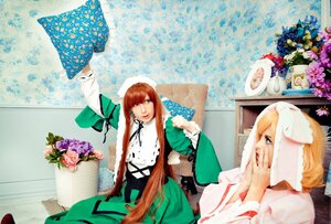 Rating: Safe Score: 0 Tags: blonde_hair brown_hair dress flower green_dress long_hair multiple_cosplay ribbon suiseiseki tagme User: admin