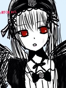 Rating: Safe Score: 0 Tags: 1girl bangs black_wings detached_collar dress flower frills image lolita_hairband long_hair long_sleeves looking_at_viewer monochrome red_eyes ribbon rose simple_background solo suigintou upper_body wings User: admin