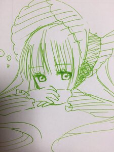 Rating: Safe Score: 0 Tags: 1girl bangs covering_mouth eyebrows_visible_through_hair green_theme image long_hair looking_at_viewer monochrome photo shinku solo traditional_media User: admin