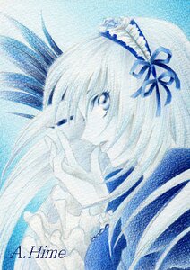 Rating: Safe Score: 0 Tags: 1girl blue_theme close-up frills hair_ribbon image looking_at_viewer monochrome ribbon solo suigintou traditional_media User: admin