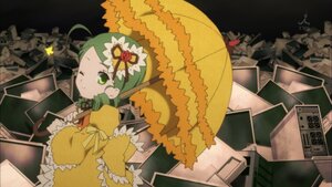 Rating: Safe Score: 0 Tags: 1girl drill_hair flower green_eyes green_hair hair_ornament image kanaria one_eye_closed parasol solo umbrella wide_sleeves User: admin