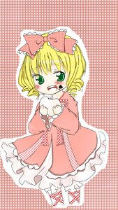 Rating: Safe Score: 0 Tags: 1girl blonde_hair blush bow checkered checkered_background dress drill_hair eating food food_on_face green_eyes hair_bow halftone halftone_background hina_ichigo hinaichigo image long_sleeves pink_bow polka_dot polka_dot_background polka_dot_dress short_hair solo User: admin