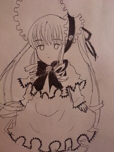 Rating: Safe Score: 0 Tags: 1girl bonnet bowtie dress image long_hair long_sleeves monochrome photo shinku simple_background solo torn_clothes traditional_media twintails umbrella User: admin