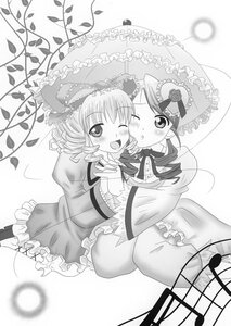 Rating: Safe Score: 0 Tags: 2girls blush bonnet dress drill_hair frills greyscale hinaichigo holding_umbrella image kanaria long_sleeves looking_at_viewer monochrome multiple_girls one_eye_closed open_mouth pair parasol shared_umbrella smile twin_drills twintails umbrella User: admin